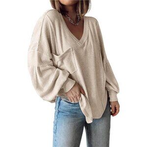 Women's Casual V-Neck Ribbed Knit Pullover - Loose Tunic Top